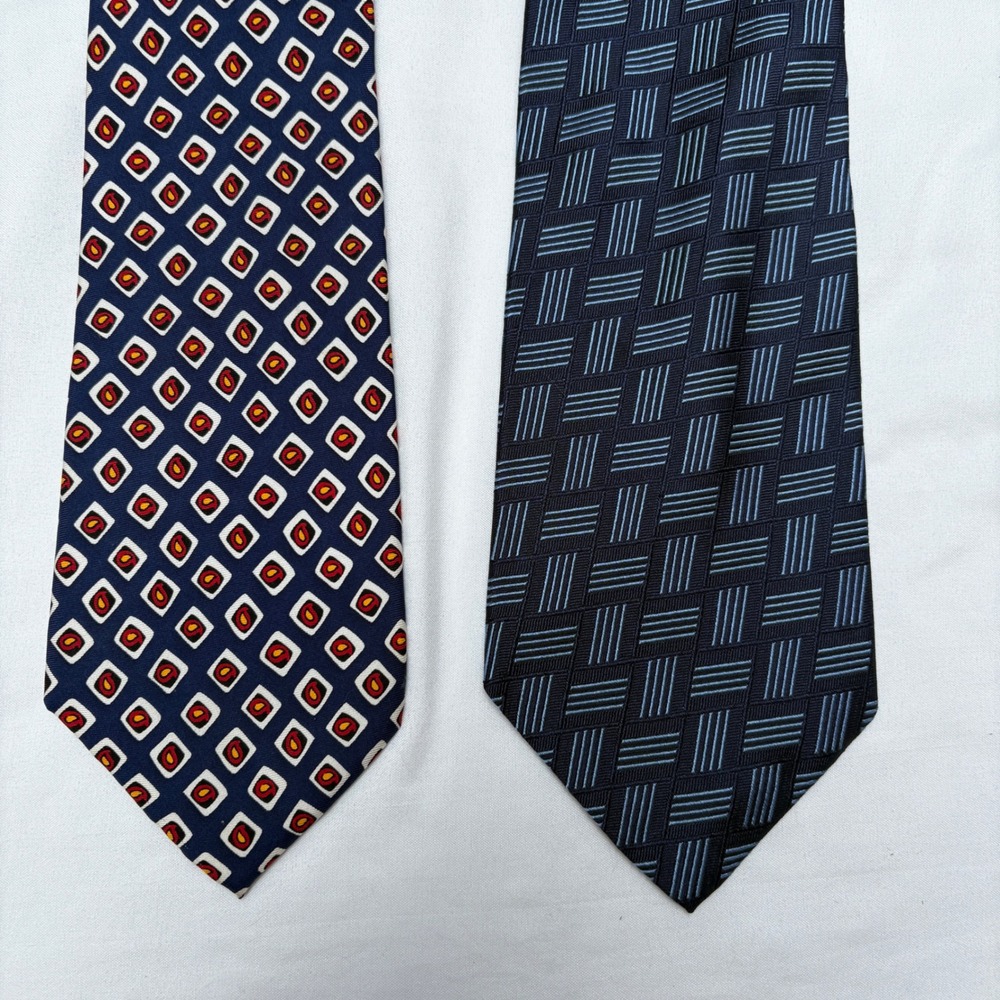 Lauren Ralph Lauren Mens Silk Tie Lot of 2 Navy Blue Geometric Medallion Preppy